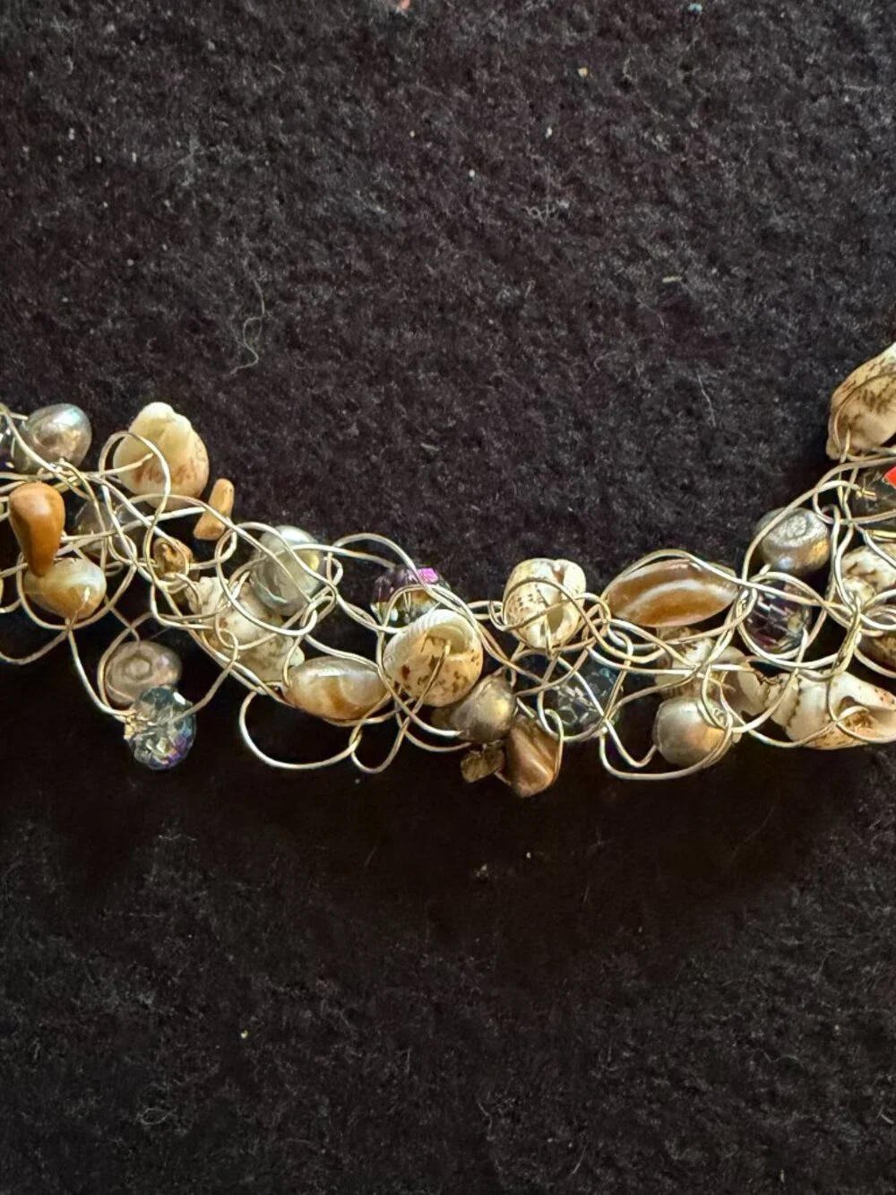 Wire-Woven SilverTone Necklace w/Seashells, Pearls, Faceted Crystal, Stone Chips